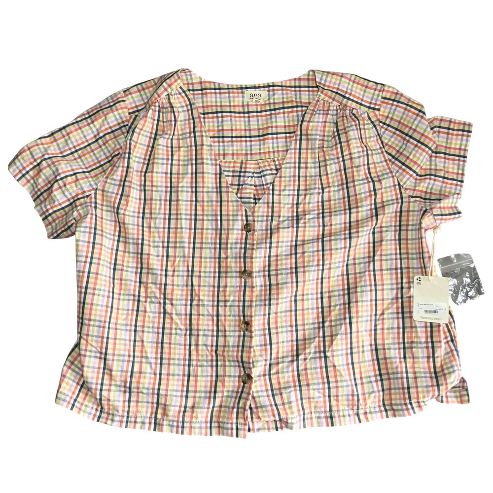 NWT ANA Plaid Button Front Short‎ Sleeve Shirt XL Cotton Cottagecore Camping
